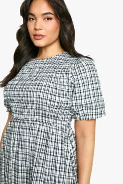 Skater Dresses*boohoo Plus Check Shirred Midaxi Dress black