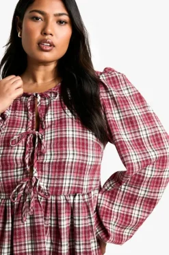 Smock Dresses*boohoo Plus Check Tie Front Check Smock Dress red
