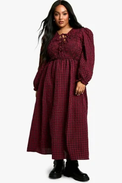 Smock Dresses*boohoo Plus Check Tie Front Smock Dress red