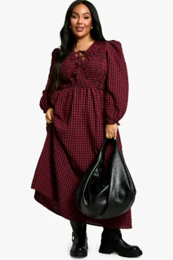 Smock Dresses*boohoo Plus Check Tie Front Smock Dress red