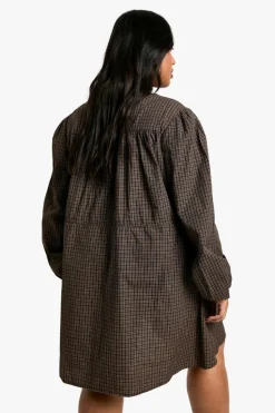 Smock Dresses*boohoo Plus Check Tie Front Smock Dress brown