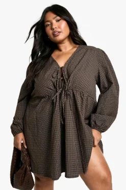Smock Dresses*boohoo Plus Check Tie Front Smock Dress brown