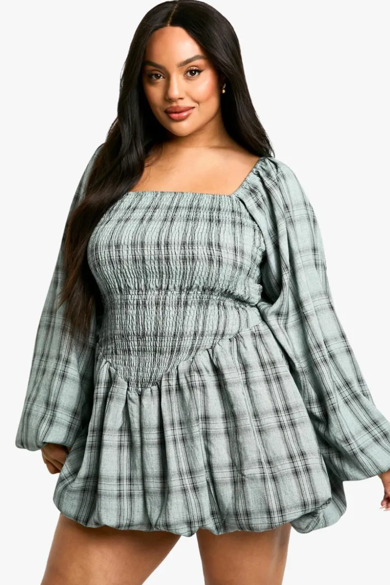 Skater Dresses*boohoo Plus Checked Puff Ball Shirred Dress blue