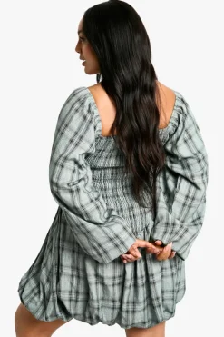 Skater Dresses*boohoo Plus Checked Puff Ball Shirred Dress blue