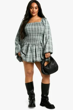 Skater Dresses*boohoo Plus Checked Puff Ball Shirred Dress blue