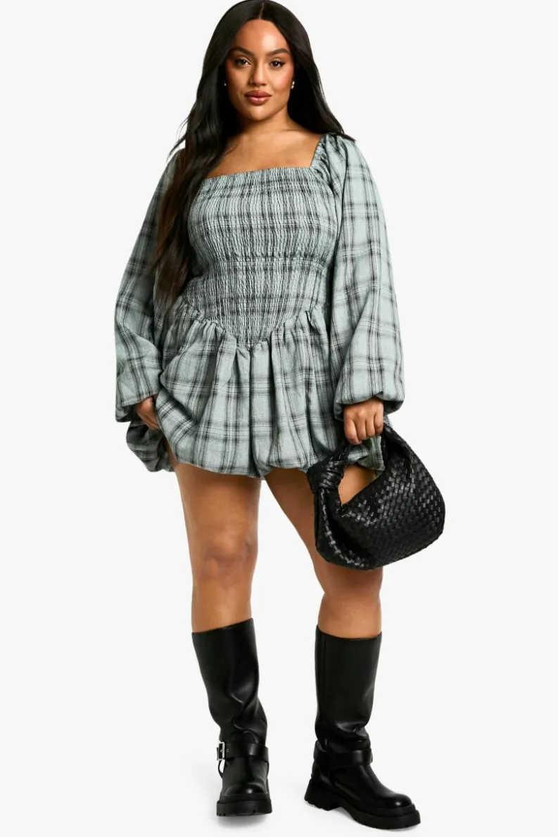 Skater Dresses*boohoo Plus Checked Puff Ball Shirred Dress blue