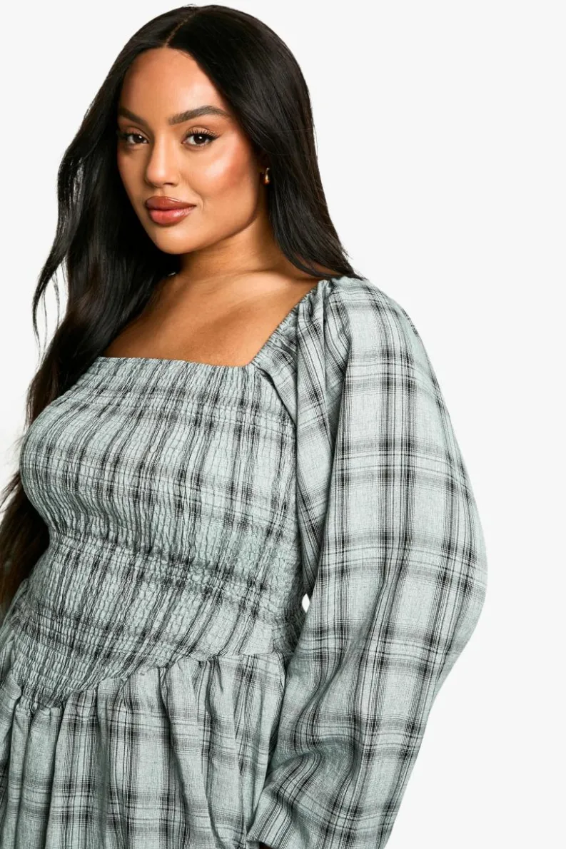 Skater Dresses*boohoo Plus Checked Puff Ball Shirred Dress blue