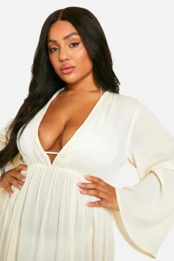 Smock Dresses*boohoo Plus Cheesecloth Batwing Maxi Dress cream