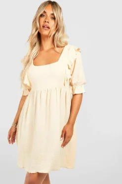 Smock Dresses*boohoo Plus Cheesecloth Frill Smock Dress stone