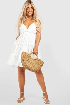 Smock Dresses*boohoo Plus Cheesecloth Ruffle Strappy Sun Dress ivory