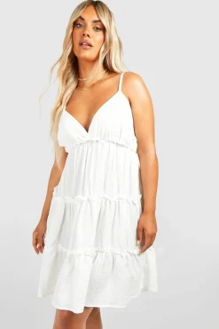Smock Dresses*boohoo Plus Cheesecloth Ruffle Strappy Sun Dress ivory
