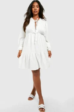 Smock Dresses*boohoo Plus Cheesecloth Tie Smock Dress white