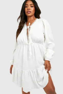 Smock Dresses*boohoo Plus Cheesecloth Tie Smock Dress white