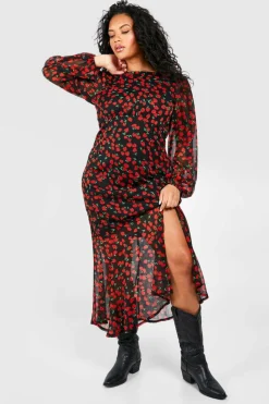 Skater Dresses*boohoo Plus Cherry Print Lined Midaxi Dress red