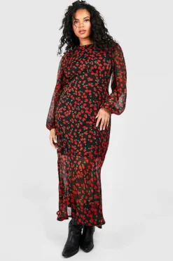 Skater Dresses*boohoo Plus Cherry Print Lined Midaxi Dress red