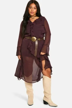 Smock Dresses|Midi Dresses*boohoo Plus Chiffon Frill Midi Smock Dress chocolate