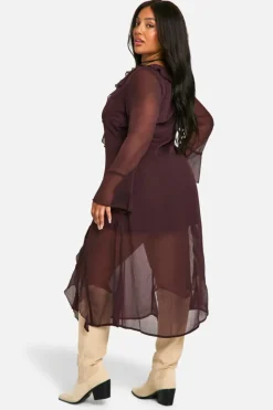 Smock Dresses|Midi Dresses*boohoo Plus Chiffon Frill Midi Smock Dress chocolate