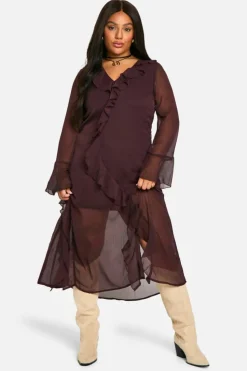 Smock Dresses|Midi Dresses*boohoo Plus Chiffon Frill Midi Smock Dress chocolate