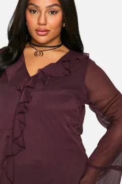 Smock Dresses|Midi Dresses*boohoo Plus Chiffon Frill Midi Smock Dress chocolate