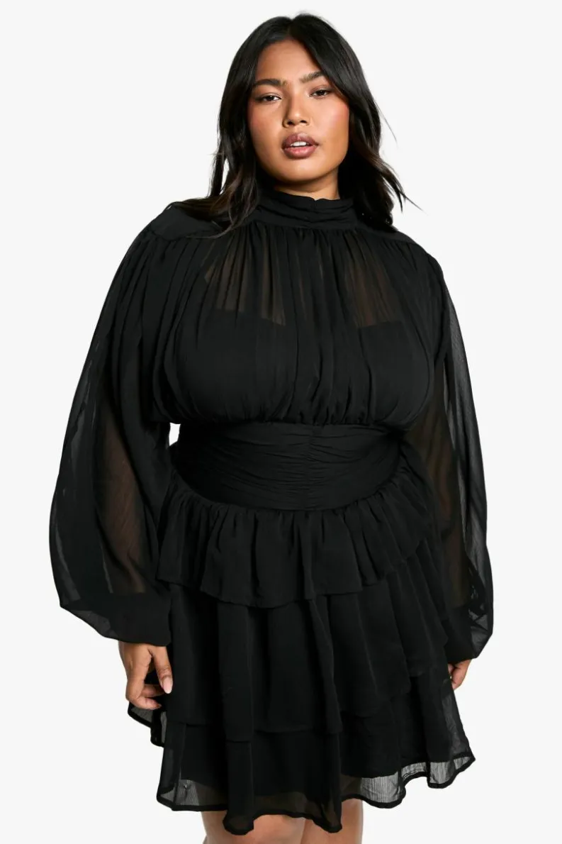 Skater Dresses*boohoo Plus Chiffon High Neck Skater Dress black