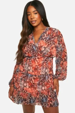 Wrap Dresses*boohoo Plus Chiffon Ruffle Wrap Dress leopard