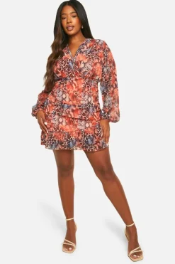Wrap Dresses*boohoo Plus Chiffon Ruffle Wrap Dress leopard