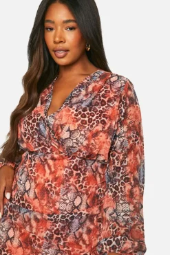 Wrap Dresses*boohoo Plus Chiffon Ruffle Wrap Dress leopard