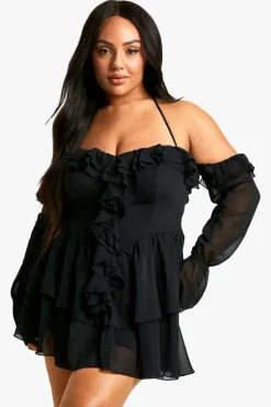 Skater Dresses|Mini Dresses*boohoo Plus Chiffon Off Cold Shoulder Skater Dress black