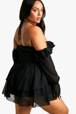 Skater Dresses|Mini Dresses*boohoo Plus Chiffon Off Cold Shoulder Skater Dress black