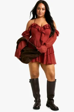 Skater Dresses*boohoo Plus Chiffon Ruffle Off Shoulder Skater Dress malbec