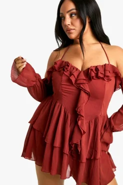 Skater Dresses*boohoo Plus Chiffon Ruffle Off Shoulder Skater Dress malbec