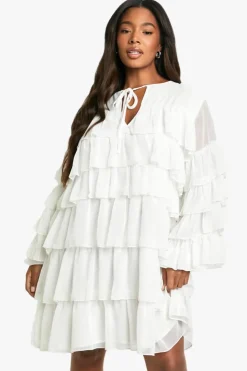 Smock Dresses|Long Sleeve Dresses*boohoo Plus Chiffon Ruffle Pussybow Smock Dress ivory