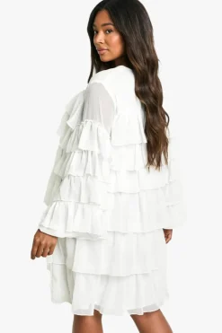 Smock Dresses|Long Sleeve Dresses*boohoo Plus Chiffon Ruffle Pussybow Smock Dress ivory