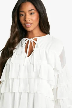Smock Dresses|Long Sleeve Dresses*boohoo Plus Chiffon Ruffle Pussybow Smock Dress ivory