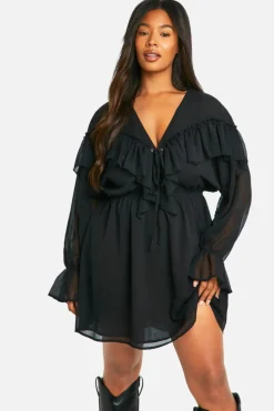 Smock Dresses|Mini Dresses*boohoo Plus Chiffon Ruffle Skater Dress black
