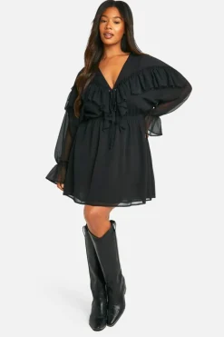 Smock Dresses|Mini Dresses*boohoo Plus Chiffon Ruffle Skater Dress black