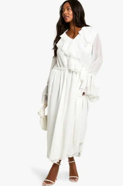Smock Dresses*boohoo Plus Chiffon Ruffle Tie Belt Skater Maxi Dress ivory
