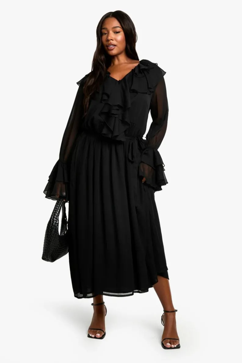 Smock Dresses*boohoo Plus Chiffon Ruffle Tie Belt Skater Maxi Dress black
