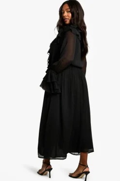 Smock Dresses*boohoo Plus Chiffon Ruffle Tie Belt Skater Maxi Dress black
