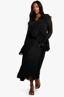 Smock Dresses*boohoo Plus Chiffon Ruffle Tie Belt Skater Maxi Dress black