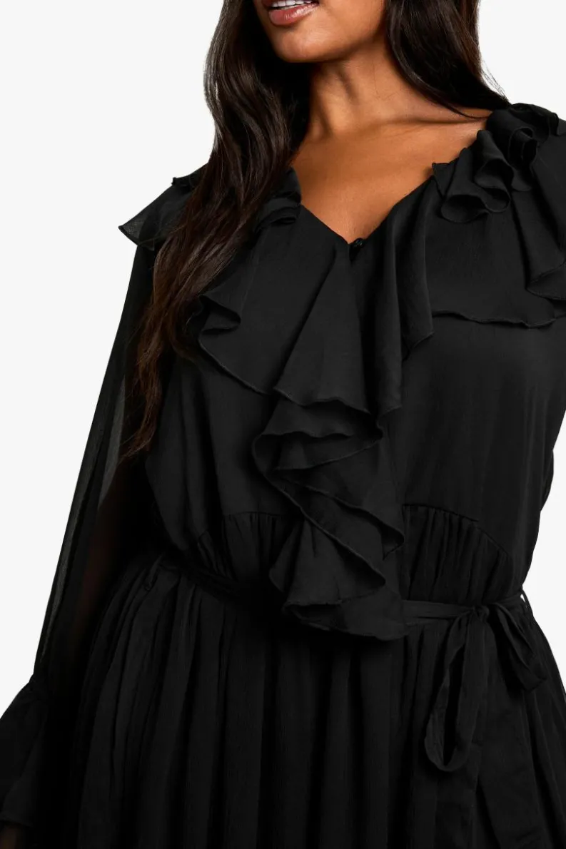 Smock Dresses*boohoo Plus Chiffon Ruffle Tie Belt Skater Maxi Dress black