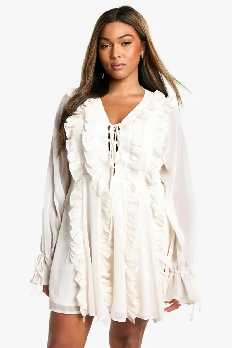 Skater Dresses*boohoo Plus Chiffon Ruffle Tie Front Skater Dress ivory