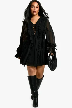 Skater Dresses|Mini Dresses*boohoo Plus Chiffon Ruffle Tie Front Skater Dress black