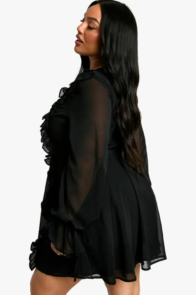 Skater Dresses|Mini Dresses*boohoo Plus Chiffon Ruffle Tie Front Skater Dress black