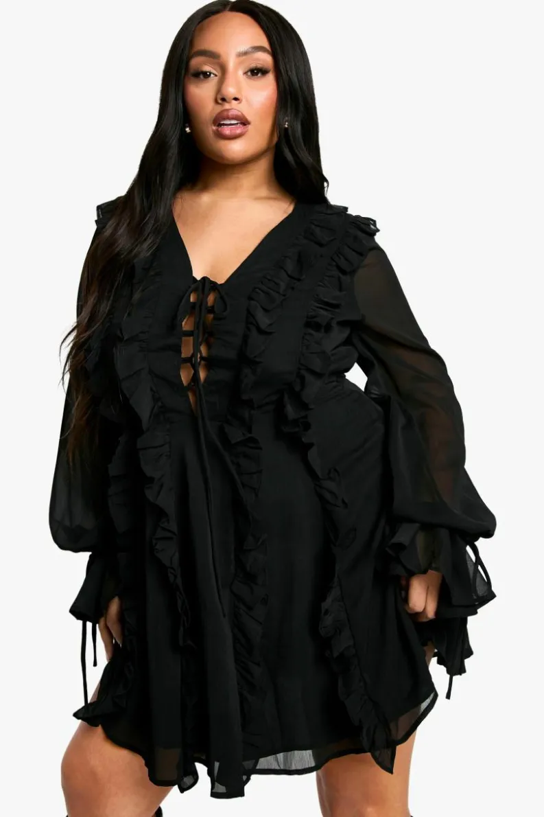 Skater Dresses|Mini Dresses*boohoo Plus Chiffon Ruffle Tie Front Skater Dress black