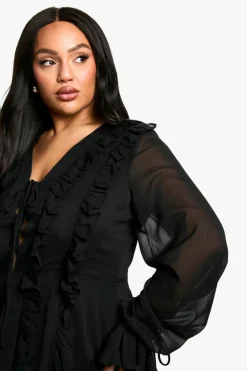 Skater Dresses|Mini Dresses*boohoo Plus Chiffon Ruffle Tie Front Skater Dress black