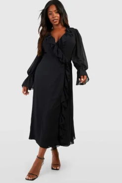 Wrap Dresses|Long Sleeve Dresses*boohoo Plus Chiffon Ruffle Wrap Dress black