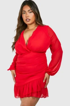 Wrap Dresses|Mini Dresses*boohoo Plus Chiffon Ruffle Wrap Dress red