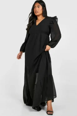 Smock Dresses*boohoo Plus Chiffon Volume Sleeve Smock Dress black