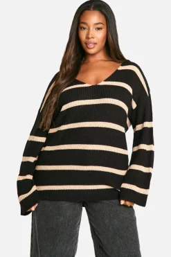 Oversized Jumpers|Jumpers*boohoo Plus Chunky Oversized Stripe V Neck Jumper black